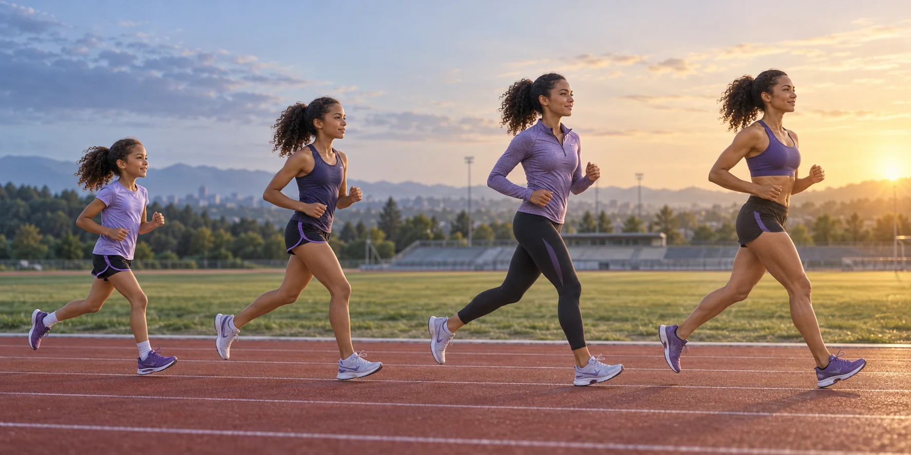 A symbolic sequence of the same runner at four stages of life: a child, a teenage junior athlete, a young adult, and an adult, moving forward along one continuous track.