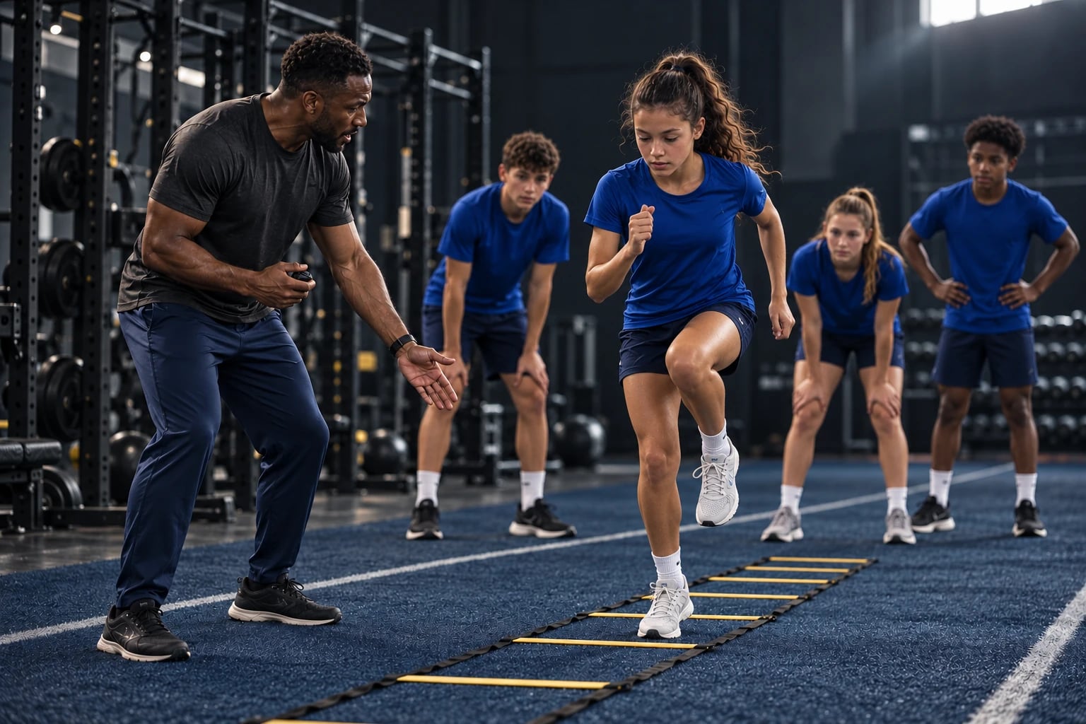 A conditioning coach guiding teenage athletes through an agility ladder drill.