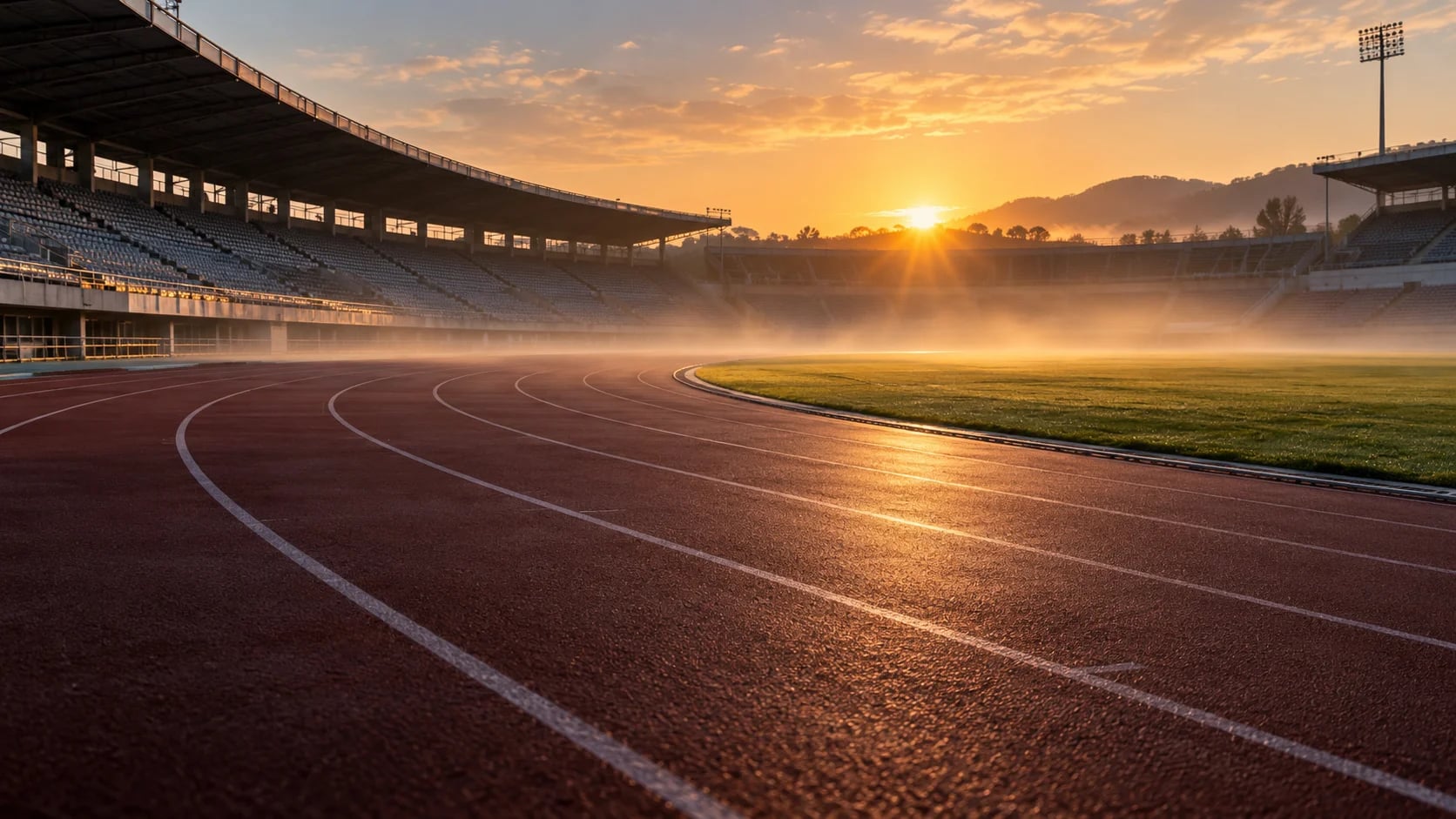 Golden morning sunlight breaking over an empty stadium, with running lanes curving into the mist.